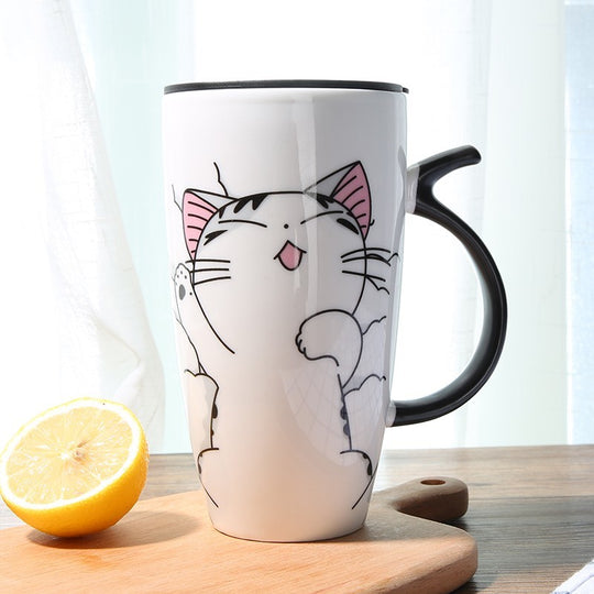 Cute Cat Ceramics Coffee Mug With Lid Large Capacity 600ml Animal Mugs Creative Drinkware Coffee Tea Cups Novelty Gifts Milk Cup