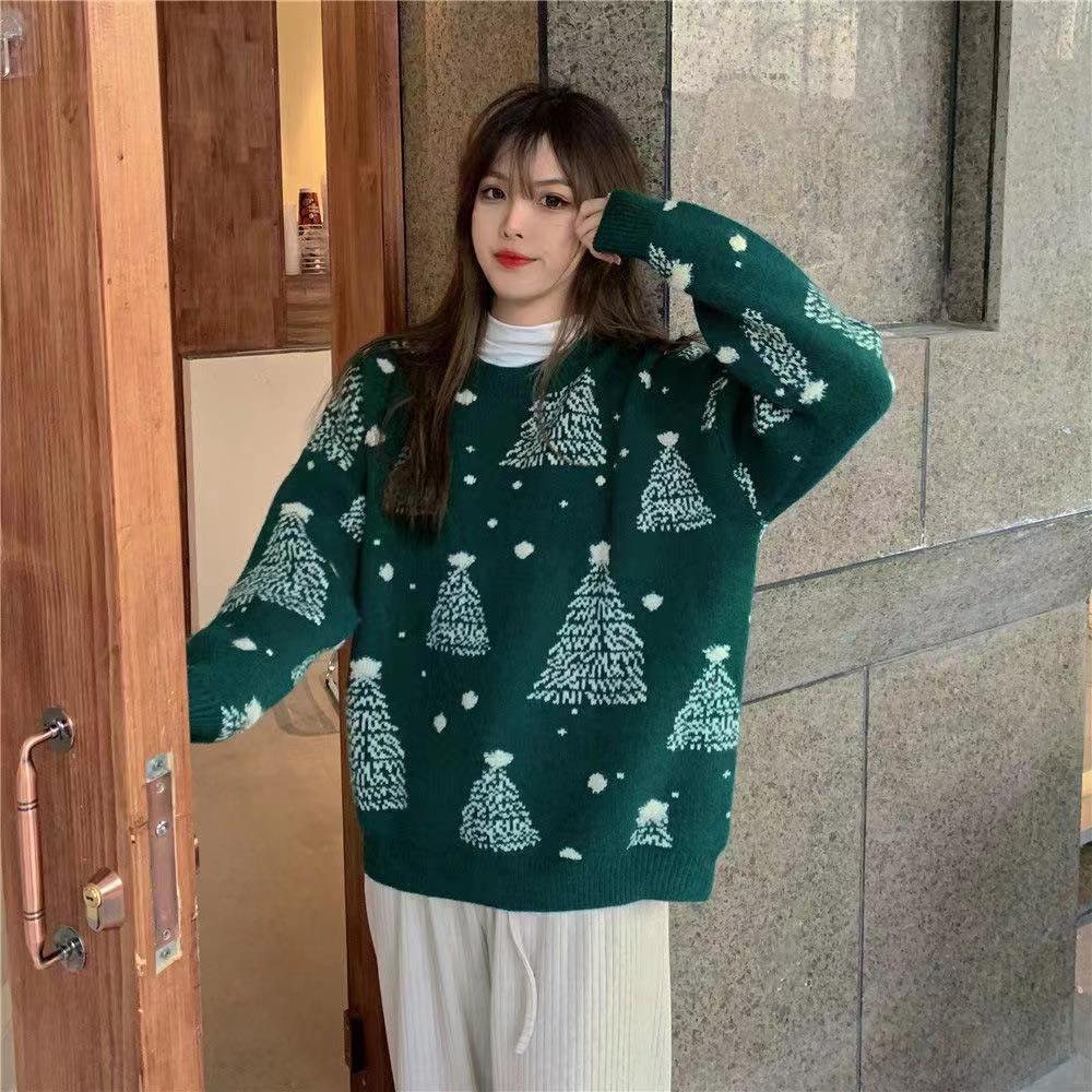 Red Christmas Tree Jacquard Warm Sweater Women